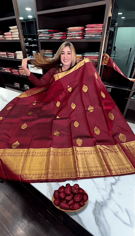 Eclat Maroon Soft Banarasi Silk Saree With Flameboyant Blouse Piece
