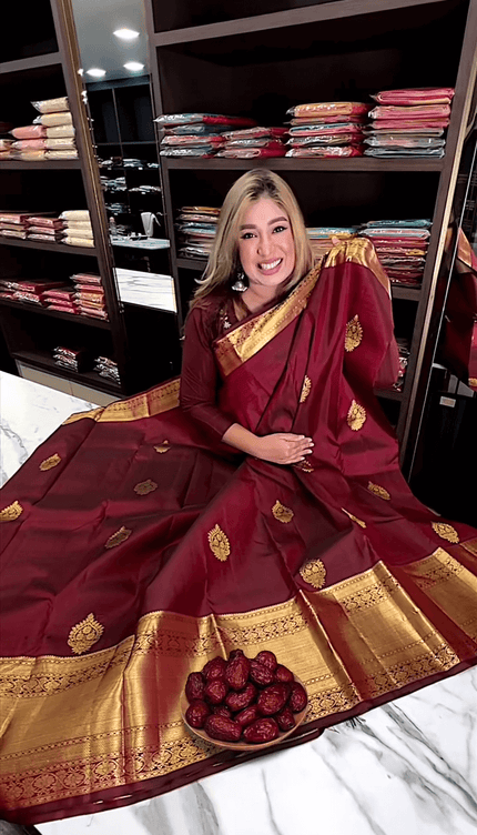 Eclat Maroon Soft Banarasi Silk Saree With Flameboyant Blouse Piece