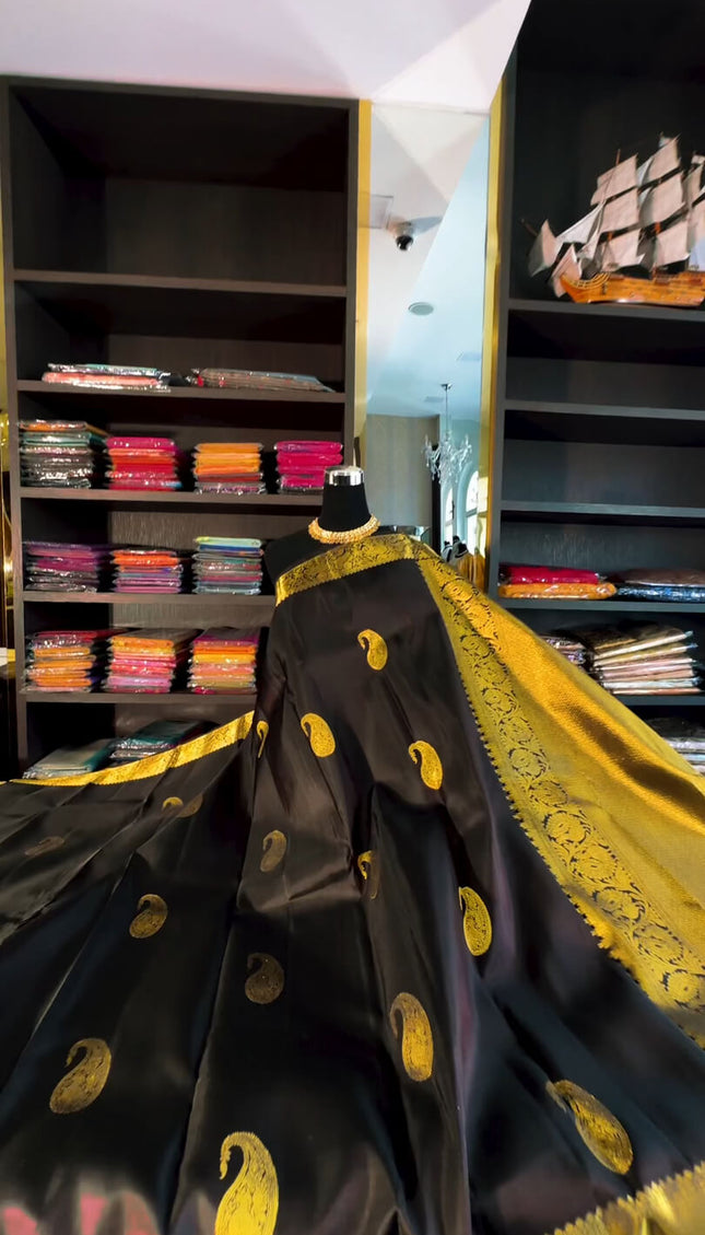 Lassitude Black Soft Banarasi Silk Saree With Glowing Blouse Piece