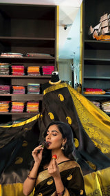 Lassitude Black Soft Banarasi Silk Saree With Glowing Blouse Piece