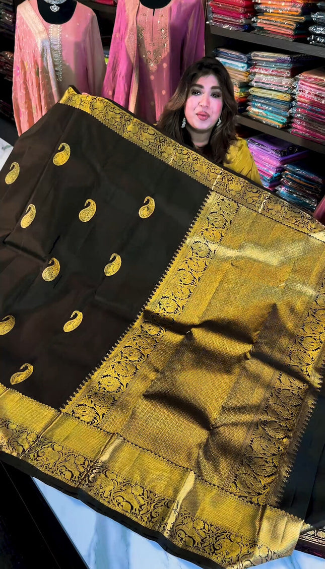 Lassitude Black Soft Banarasi Silk Saree With Glowing Blouse Piece