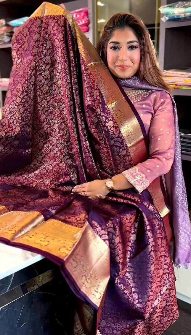 Vibrant Purple Soft Banarasi Silk Saree With Winsome Blouse Piece