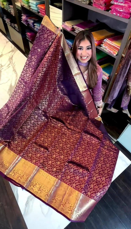 Vibrant Purple Soft Banarasi Silk Saree With Winsome Blouse Piece