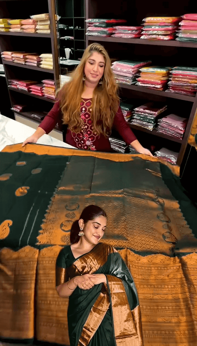 Desuetude Dark Green Soft Banarasi Silk Saree With Gorgeous Blouse Piece