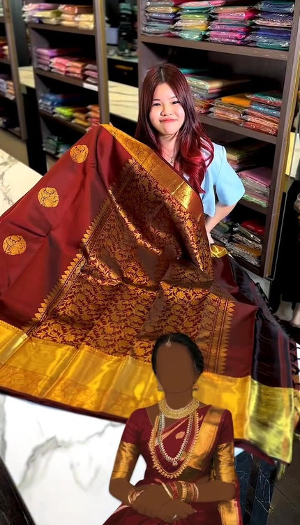 Moiety Maroon Soft Banarasi Silk Saree With Traditional Blouse Piece