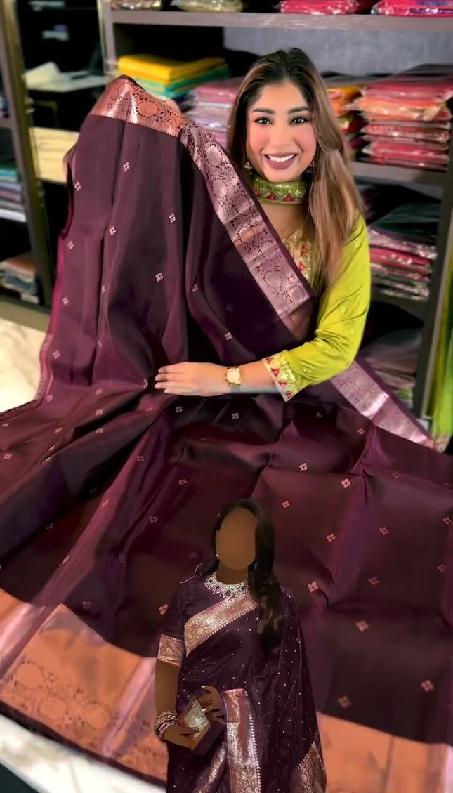 Jazzy Wine Soft Banarasi Silk Saree With Snazzy Blouse Piece