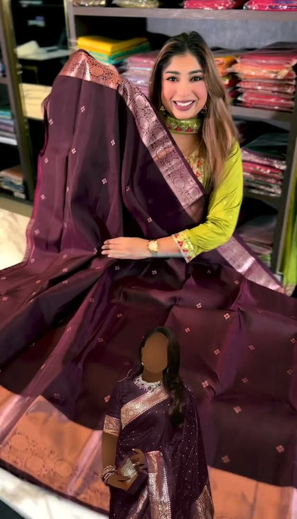 Jazzy Wine Soft Banarasi Silk Saree With Snazzy Blouse Piece