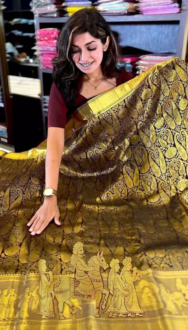 Gratifying Brown Soft Banarasi Silk Saree With Alluring Blouse Piece