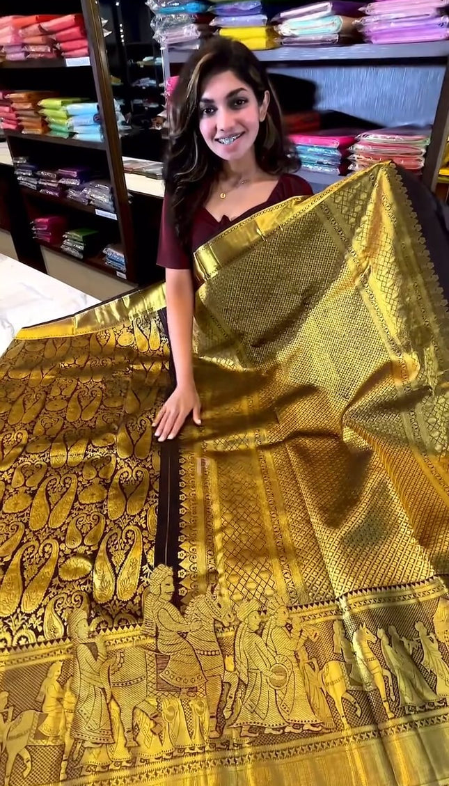 Gratifying Brown Soft Banarasi Silk Saree With Alluring Blouse Piece