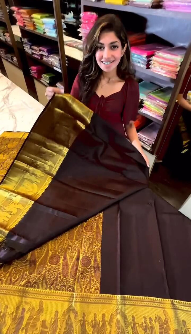 Gratifying Brown Soft Banarasi Silk Saree With Alluring Blouse Piece