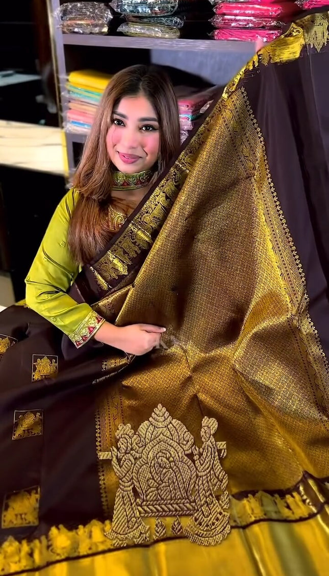 Artistic Brown Soft Banarasi Silk Saree With Snappy Blouse Piece