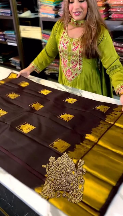 Artistic Brown Soft Banarasi Silk Saree With Snappy Blouse Piece