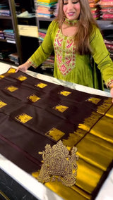 Artistic Brown Soft Banarasi Silk Saree With Snappy Blouse Piece
