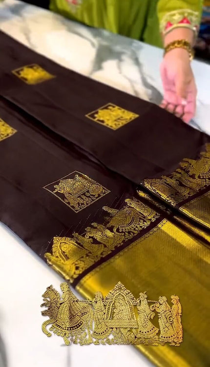 Artistic Brown Soft Banarasi Silk Saree With Snappy Blouse Piece