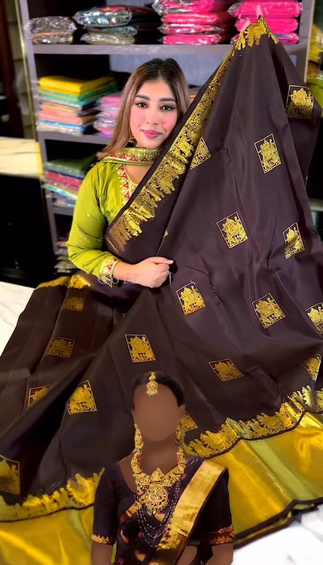 Artistic Brown Soft Banarasi Silk Saree With Snappy Blouse Piece