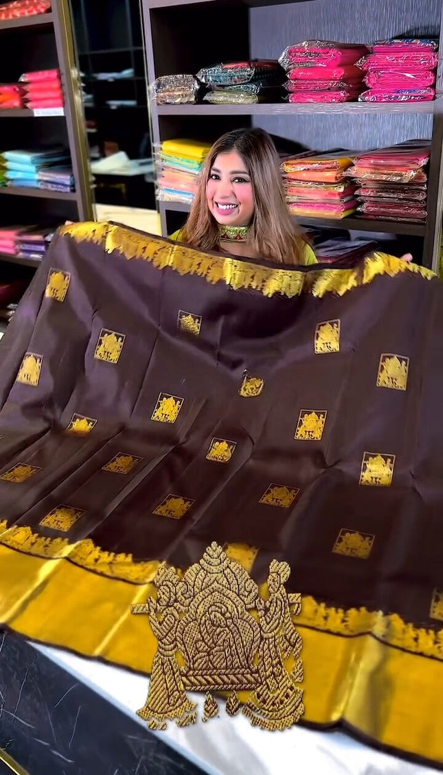 Artistic Brown Soft Banarasi Silk Saree With Snappy Blouse Piece