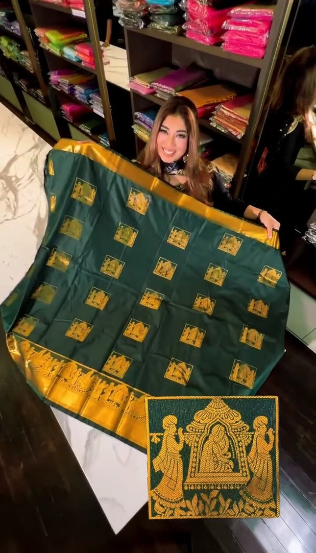 Angelic Dark Green Soft Banarasi Silk Saree With Deserving Blouse Piece