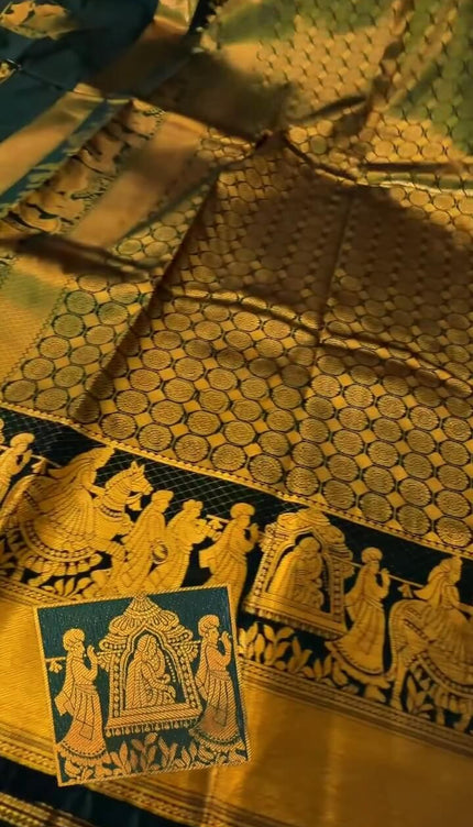 Angelic Dark Green Soft Banarasi Silk Saree With Deserving Blouse Piece