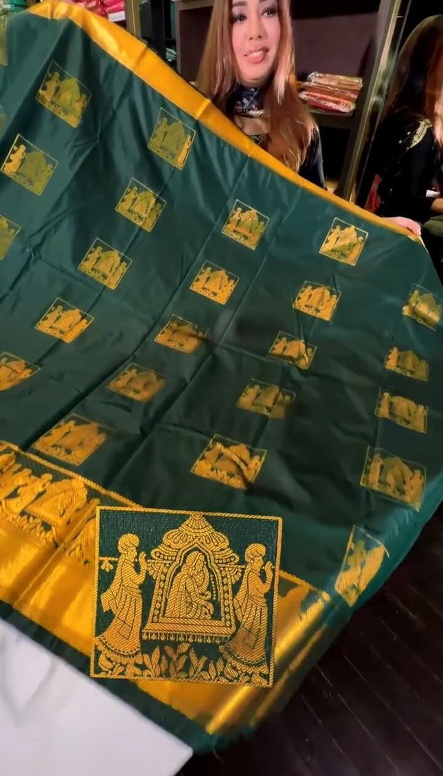 Angelic Dark Green Soft Banarasi Silk Saree With Deserving Blouse Piece