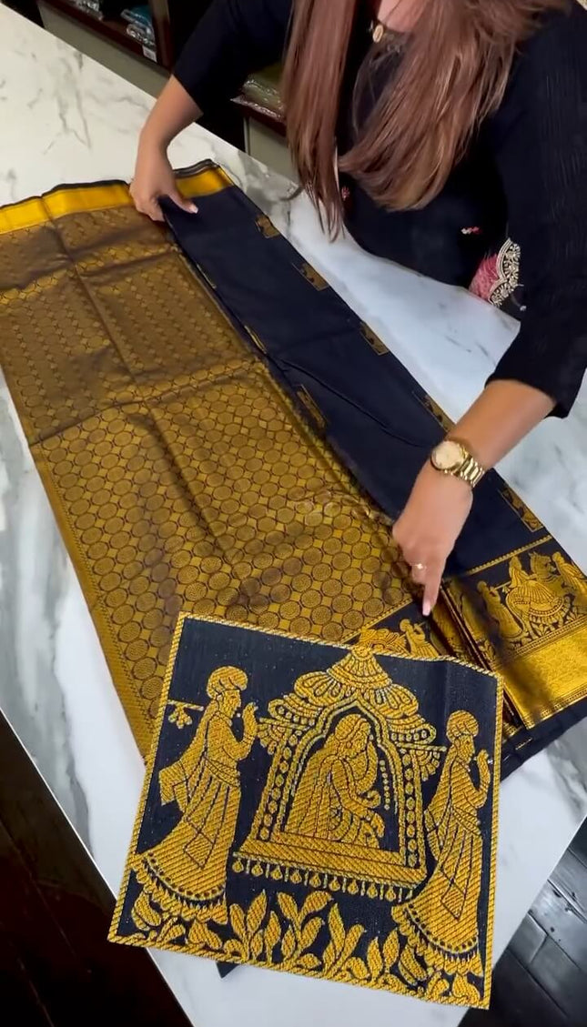 Sizzling Navy Blue Soft Banarasi Silk Saree With Petrichor Blouse Piece
