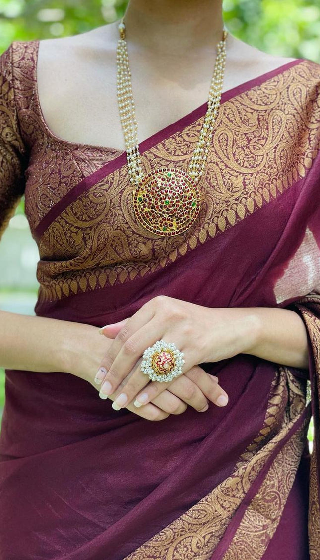 Nayira - Maroon Blue Soft Silk Saree with Silver Zari Border and Matching Blouse