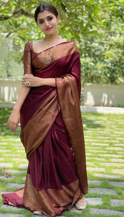 Nayira - Maroon Blue Soft Silk Saree with Silver Zari Border and Matching Blouse