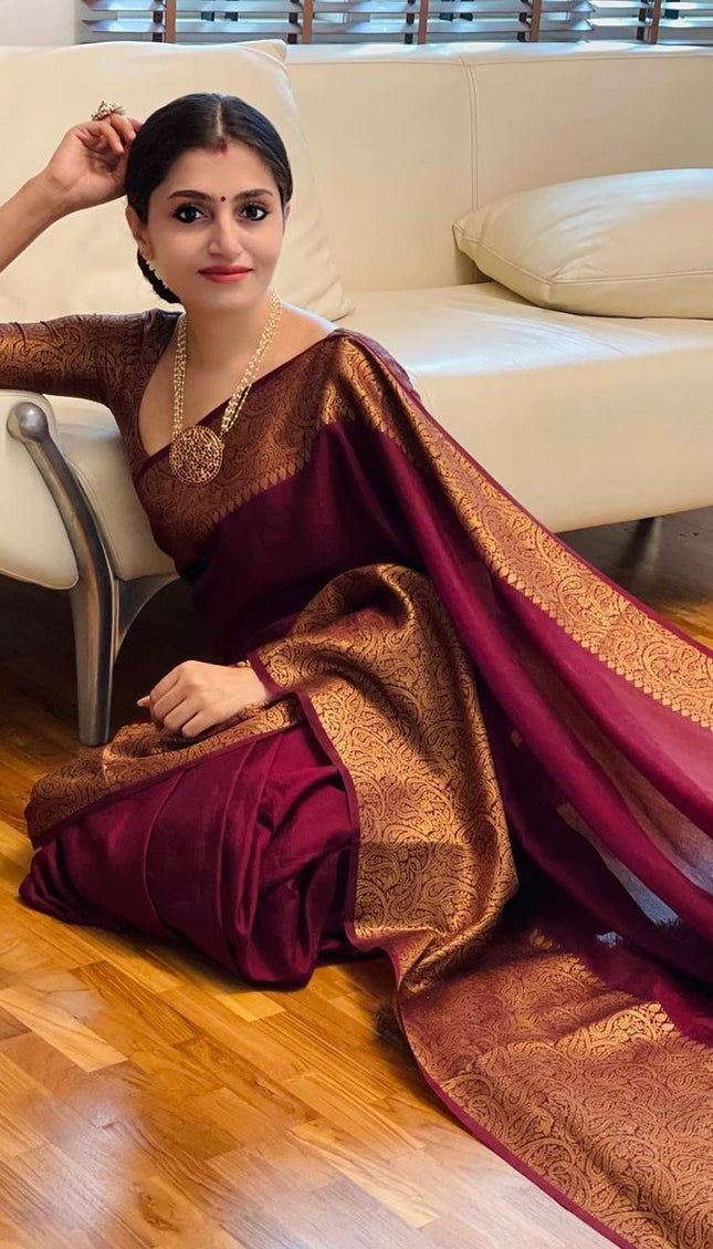 Nayira - Maroon Blue Soft Silk Saree with Silver Zari Border and Matching Blouse
