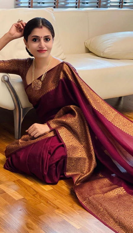 Nayira - Maroon Blue Soft Silk Saree with Silver Zari Border and Matching Blouse