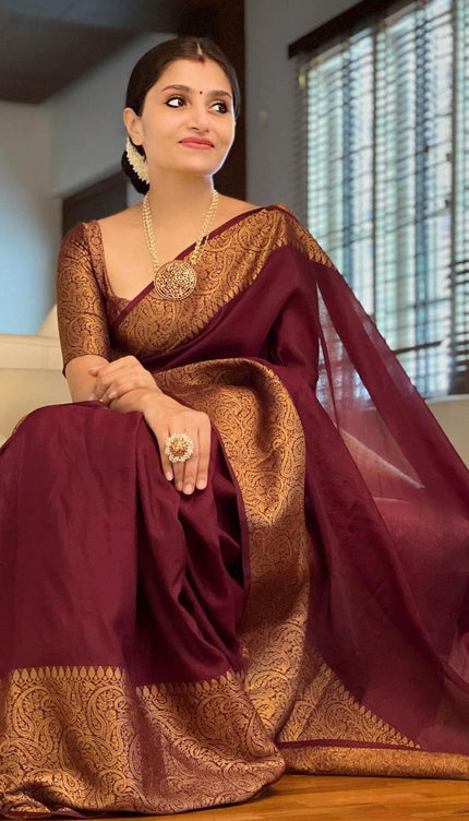 Nayira - Maroon Blue Soft Silk Saree with Silver Zari Border and Matching Blouse