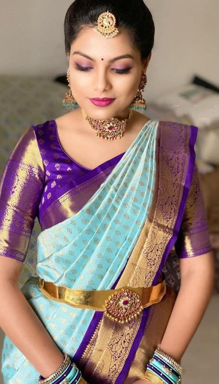 Nirmala - Firozi Soft Banarasi Silk Saree with Purple Jacquard Blouse