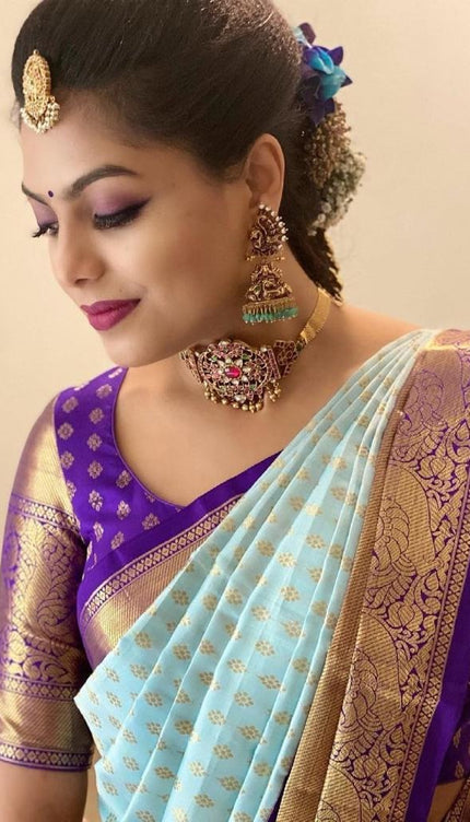 Nirmala - Firozi Soft Banarasi Silk Saree with Purple Jacquard Blouse