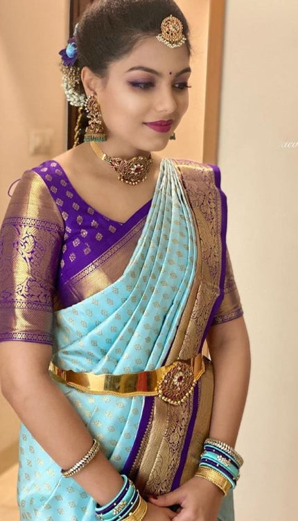 Nirmala - Firozi Soft Banarasi Silk Saree with Purple Jacquard Blouse