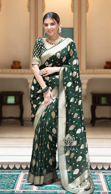 Green Banarasi Soft Silk Saree