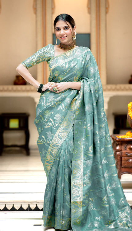 Hema Turquoise Green Banarasi Silk Saree WIth Fabulouse Blouse Piece