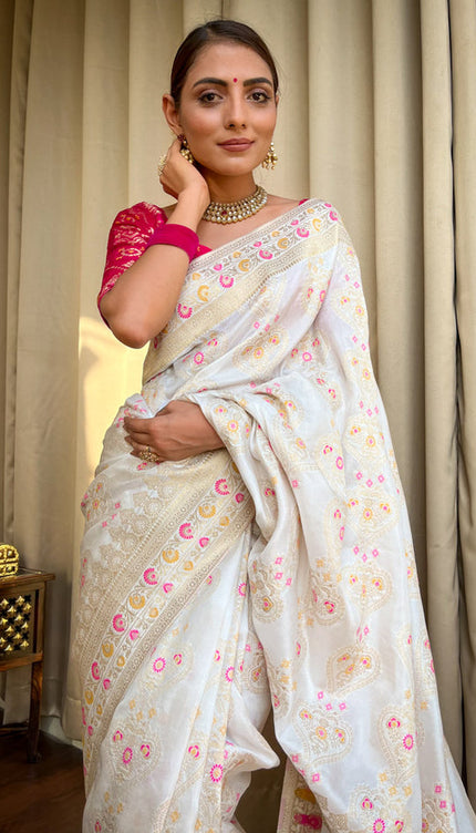 White Banarasi Soft Silk Saree