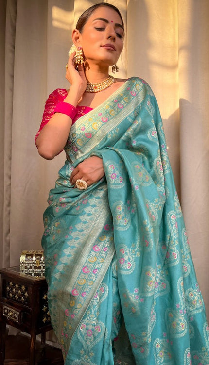 Sky Blue Banarasi Soft Silk Saree