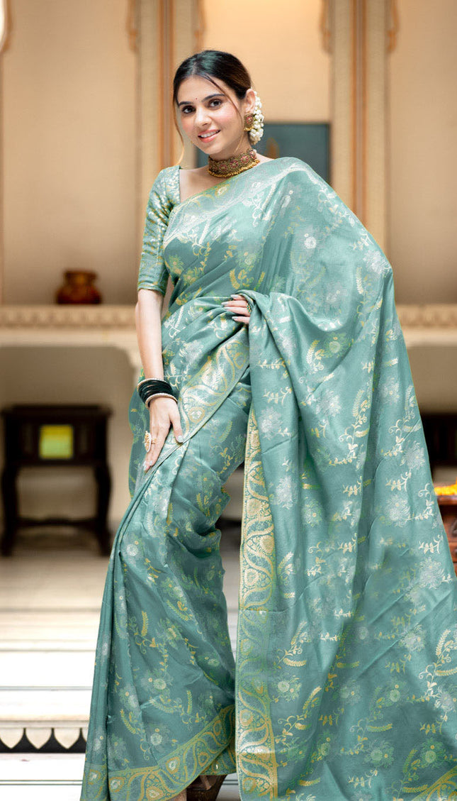 Hema Turquoise Green Banarasi Silk Saree WIth Fabulouse Blouse Piece