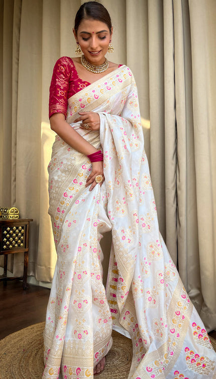 White Banarasi Soft Silk Saree
