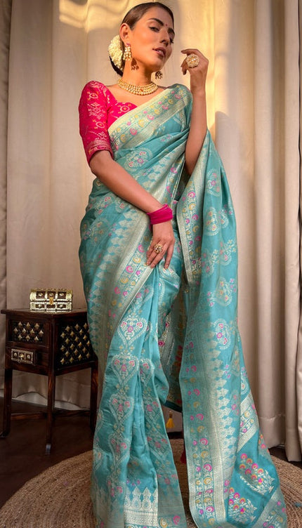 Sky Blue Banarasi Soft Silk Saree