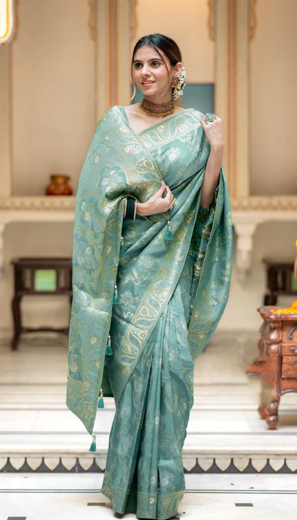 Hema Turquoise Green Banarasi Silk Saree WIth Fabulouse Blouse Piece