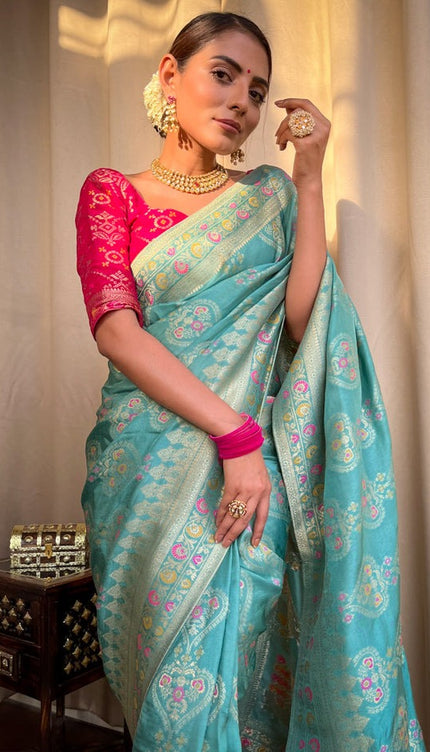 Sky Blue Banarasi Soft Silk Saree