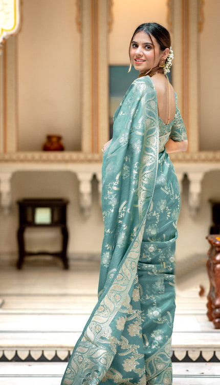 Hema Turquoise Green Banarasi Silk Saree WIth Fabulouse Blouse Piece