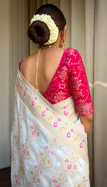 White Banarasi Soft Silk Saree
