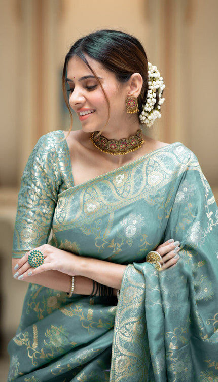 Hema Turquoise Green Banarasi Silk Saree WIth Fabulouse Blouse Piece