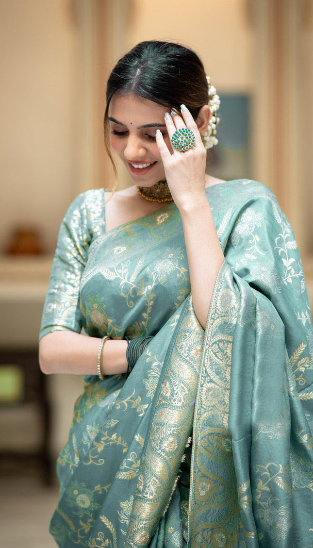 Hema Turquoise Green Banarasi Silk Saree WIth Fabulouse Blouse Piece