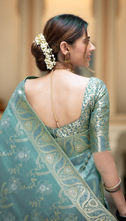 Hema Turquoise Green Banarasi Silk Saree WIth Fabulouse Blouse Piece