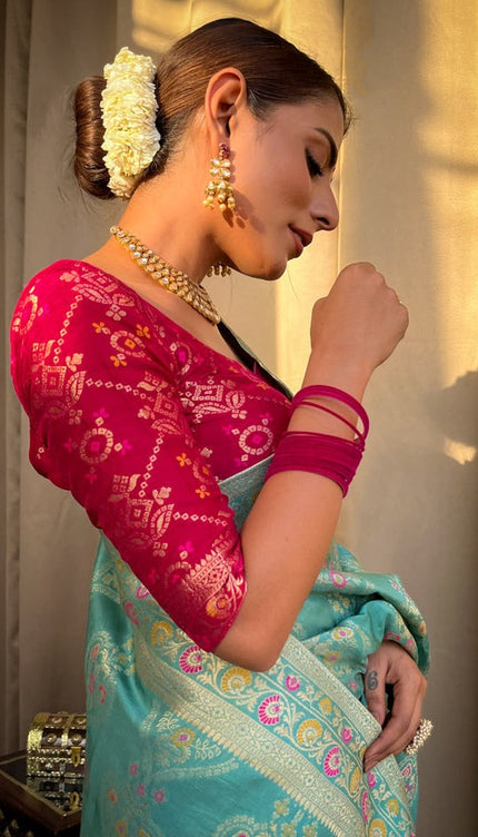 Sky Blue Banarasi Soft Silk Saree