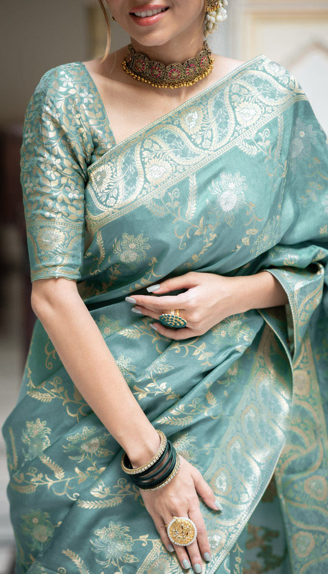 Hema Turquoise Green Banarasi Silk Saree WIth Fabulouse Blouse Piece