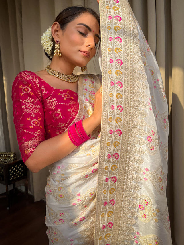 White Banarasi Soft Silk Saree