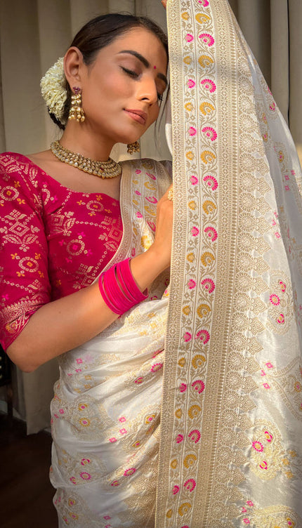 White Banarasi Soft Silk Saree